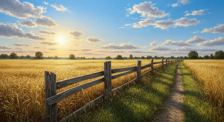 Golden Wheat Field at Sunrise. Ideal for Agricultural and Rural Life Themes.