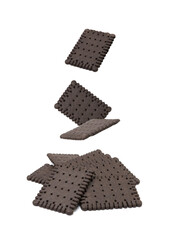 Falling Chocolate Biscuit Isolated, Flying Black Quadratic Cookie, Dark Soft Biscuits, Cookies