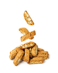 Falling biscotti di prato isolated on white background. Flying italian cantuccini nuts cookies