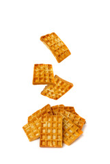 Falling Belgian Waffle Isolated, Flying Square Waffled Cookie, Soft Golden Belgium Waffles