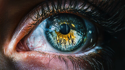 close-up of a woman's eye, with the words "Help Me" faintly written in the reflection of her pupil. The composition is haunting yet impactful, emphasizing a silent call for aid. help from violence