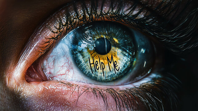 close-up of a woman's eye, with the words "Help Me" faintly written in the reflection of her pupil. The composition is haunting yet impactful, emphasizing a silent call for aid. help from violence