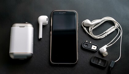 Wireless earbuds, smartphone, and charging case on a dark surface.