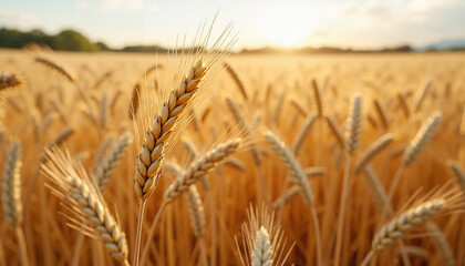 Wheat field, close-up of golden ears of wheat swaying in breeze, bright midday light, rural landscape
