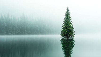 Obraz premium A solitary pine tree stands majestically in the center of a tranquil lake, surrounded by a dense forest of similarly misty pines on this hazy morning
