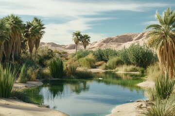 Oasis pond, desert plants, rocky mountains, sunny sky.