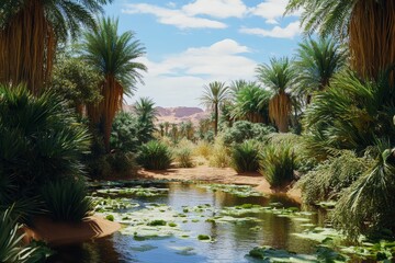 Obraz premium Oasis stream, lush palms, desert mountains.