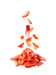 Falling Strawberry pieces isolated, red berry cut set, flying strawberries slices, summer food...