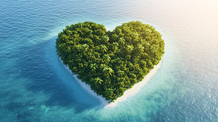 A picturesque tropical paradise island shaped like a heart, surrounded by crystal-clear turquoise waters, with lush green vegetation covering the land and a small white sandy beach