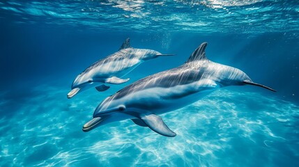 Naklejka premium Dual dolphins glide effortlessly through vibrant ocean waters, illuminated by sunlight streaming from above. Their playful movements create a serene underwater atmosphere