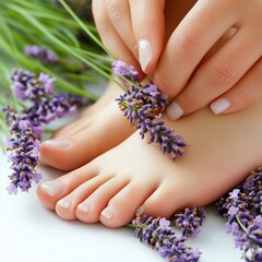 Fototapeta premium Well-groomed feet with lavender flowers