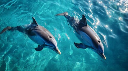 Obraz premium Two dolphins swim side by side in vibrant turquoise water under bright sunlight. Their sleek bodies glide effortlessly, creating small ripples as they move