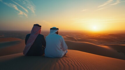 Two individuals sit quietly on the soft sand dunes, watching a stunning sunset over the expansive desert. The warm colors of the sky create a serene atmosphere