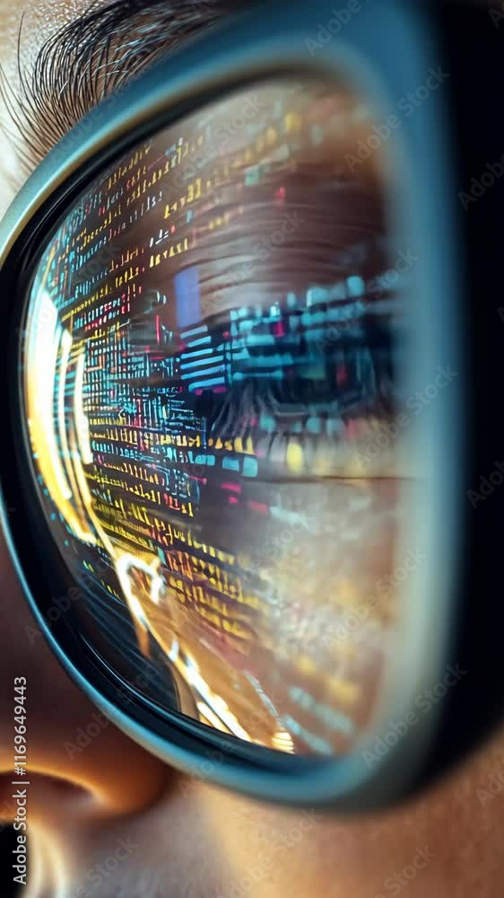 Poster close-up view of eyes reflecting digital code on glasses exploring technology in a modern environmen