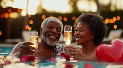 A senior couple relaxing in a sparkling swimming pool, holding glasses of prosecco with soft smiles, as they celebrate Valentineâs Day. The scene is bathed in the warm glow of a su