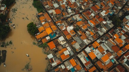 This aerial perspective showcases a vibrant riverside neighborhood, featuring closely packed houses with orange rooftops. Floodwaters surround the area, illustrating the impact of heavy rain