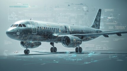 A sleek, modern aircraft stands on a runway, showcasing intricate digital displays and holographic interfaces that provide technical information. The setting emphasizes innovation in aviation