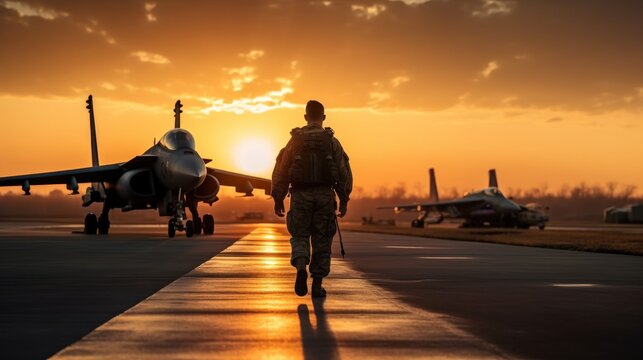 A soldier walks along a runway as fighter jets await departure at an airbase. The sun sets, casting a golden glow over the scene, creating a reflection of dedication and duty