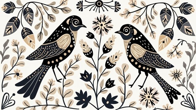 Elegant Folk Art Birds and Flowers Design