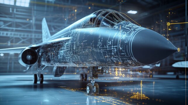 A high-tech hangar showcases a futuristic fighter jet with intricate blueprint projections illuminating its surface. The setting emphasizes advanced aerospace technology and design innovation