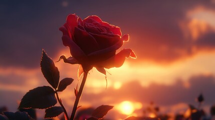 A romantic shot of a rose with warm sunlight shining through its petals, creating a beautiful and loving mood at sunset 