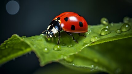 Obraz premium A ladybug with vivid red and black spots is perched on a lush green leaf, surrounded by glistening dew droplets in a serene garden. The atmosphere is calm and refreshing