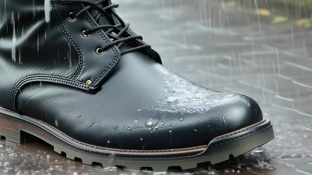 Rolling Surface video Boots in Rain Demonstrating Water Resistance Droplets in 4K