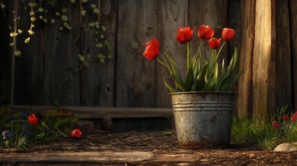 Bright red tulips bloom in a rustic pot, surrounded by lush greenery and soft earth in a peaceful garden. The warm sunlight enhances the vivid colors and natural beauty