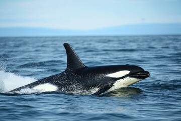 Fototapeta premium Black and white whale surfacing ocean water.
