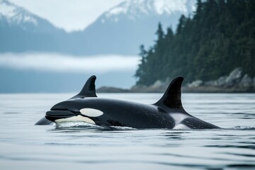 Fototapeta premium Two whales swim, coastal mountains background.