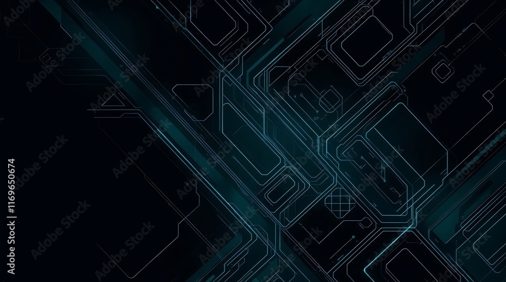 Poster abstract technological background featuring luminous blue circuit board patterns on dark backdrop. i
