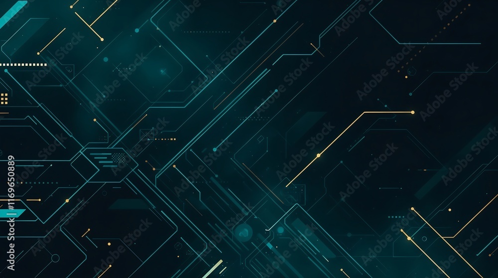 Poster modern digital technology pattern featuring geometric circuit designs in turquoise and gold. abstrac