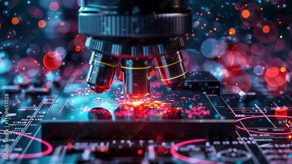 Aufkleber A high-tech microscope focuses on a sample related to stem cell research, illuminated by vivid colors.