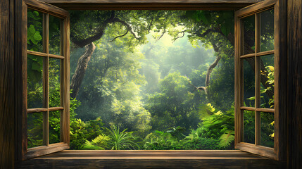 Rustic window frame overlooking a lush green forest. Sylvan. Illustration
