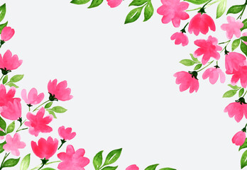 Background frame with pink flowers, branches and leaves in watercolour style in vector.	