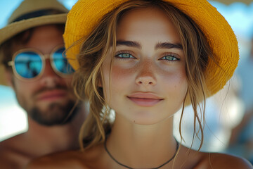 male and female tourists relaxing on the beach