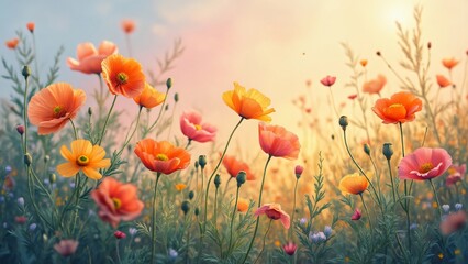 Obraz premium Vibrant Orange Poppy Field Sunset Meadow Flowers