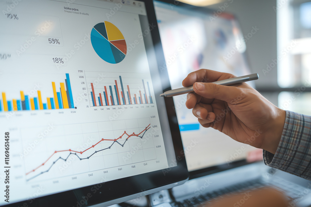 Aufkleber data analysis in progress with charts and graphs displayed on computer screens in a modern office se