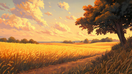 Sunlit wheat field with golden glows and enchanting warmth of a late afternoon. Sylvan. Illustration