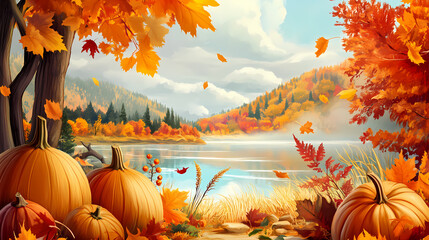 Sylvan lake thanksgiving celebration with colorful autumn foliage and festive decorations, sylvan lake, thanksgiving. Sylvan. Illustration