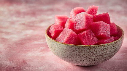 Bowl of diced watermelon cubes on a textured background.