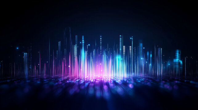 Illuminated urban skyline with binary streams leading to the year 2025, visualizing progress, AI, and the future of digital innovation. Perfect for tech conferences and futuristic