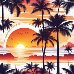 Obraz premium Captivating sunset over tranquil waters, rich hues blending into a serene sky, palm trees framing picturesque landscape, ideal for lifestyle and travel imagery, inspiring relaxation and exploration.