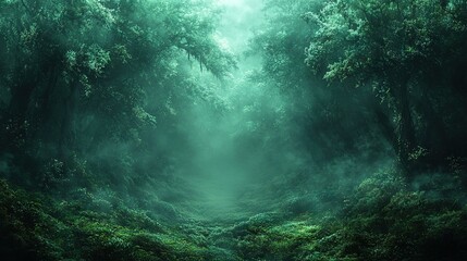 Obraz premium A dense, verdant woodland brims with numerous trees and shrubs amidst a murky, misty forest