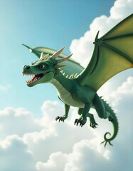 A green dragon flying in a blue sky with fluffy clouds.
