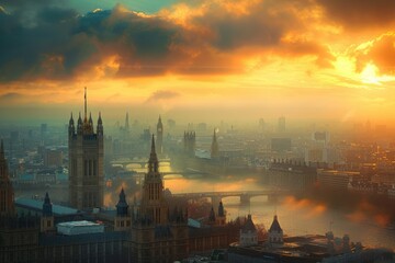 Obraz premium A city skyline with a bridge and a river in the foreground