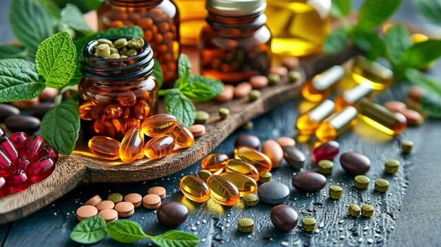This captivating display highlights a variety of nutraceutical supplements arranged artfully on a wooden surface.