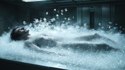 Obraz premium A person submerged in ice, surrounded by foam, evoking a sense of cold and isolation.