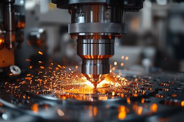 CNC Machine Precision Cutting Process with Sparks, Industrial Manufacturing Close-up