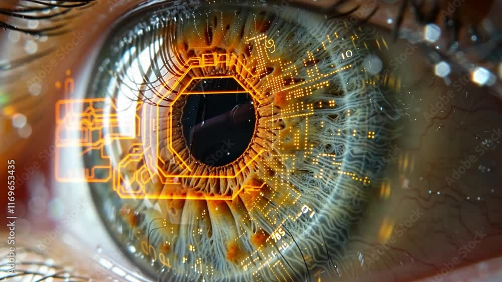 Leinwandbilder a close-up view showcases a human eye with a digital circuit design reflected in the iris. this stri